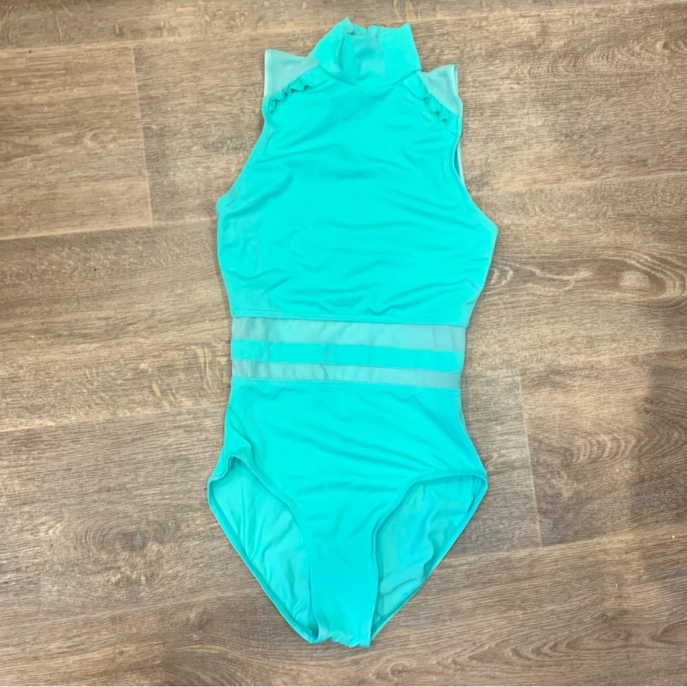 🩰 Balera Mock Neck Ruffle Detail Mesh Insert Leotard For Dance X Small Aqua 🩰 - Picture 2 of 11